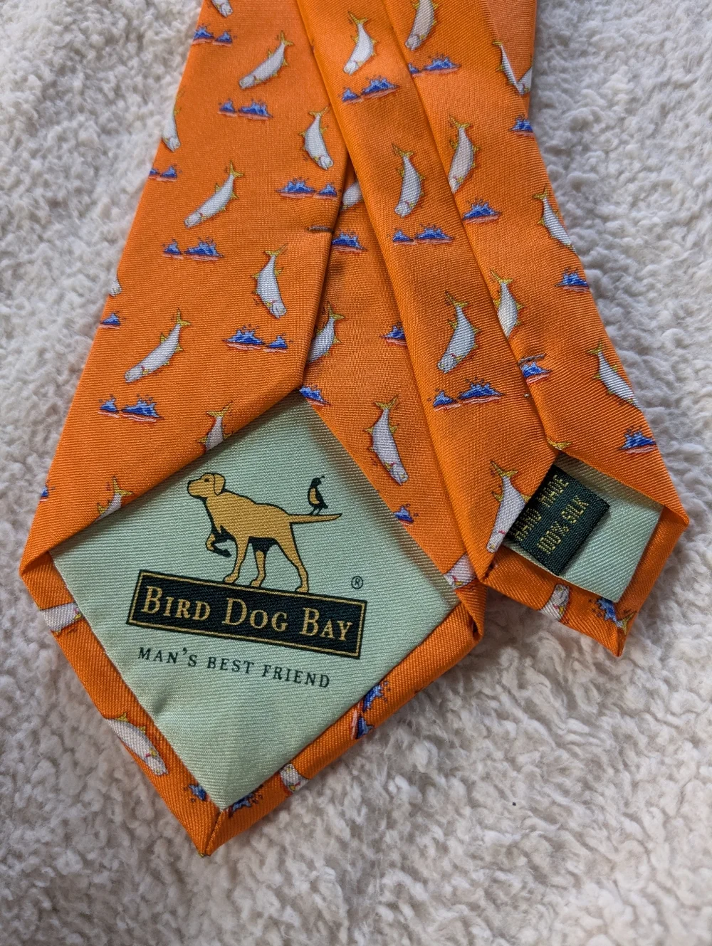 Bird Dog Bay Men's Hand Made 100% Silk Orange Fish Fishing Tie EUC